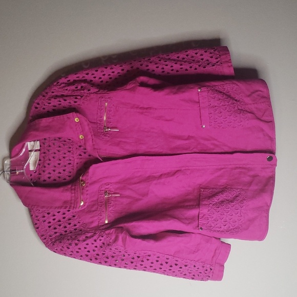 Chicos Pink Fushia 3/4 Sleeve Zip Up Linen Spring Summer Jacket Vanity Size 1 - Picture 1 of 13